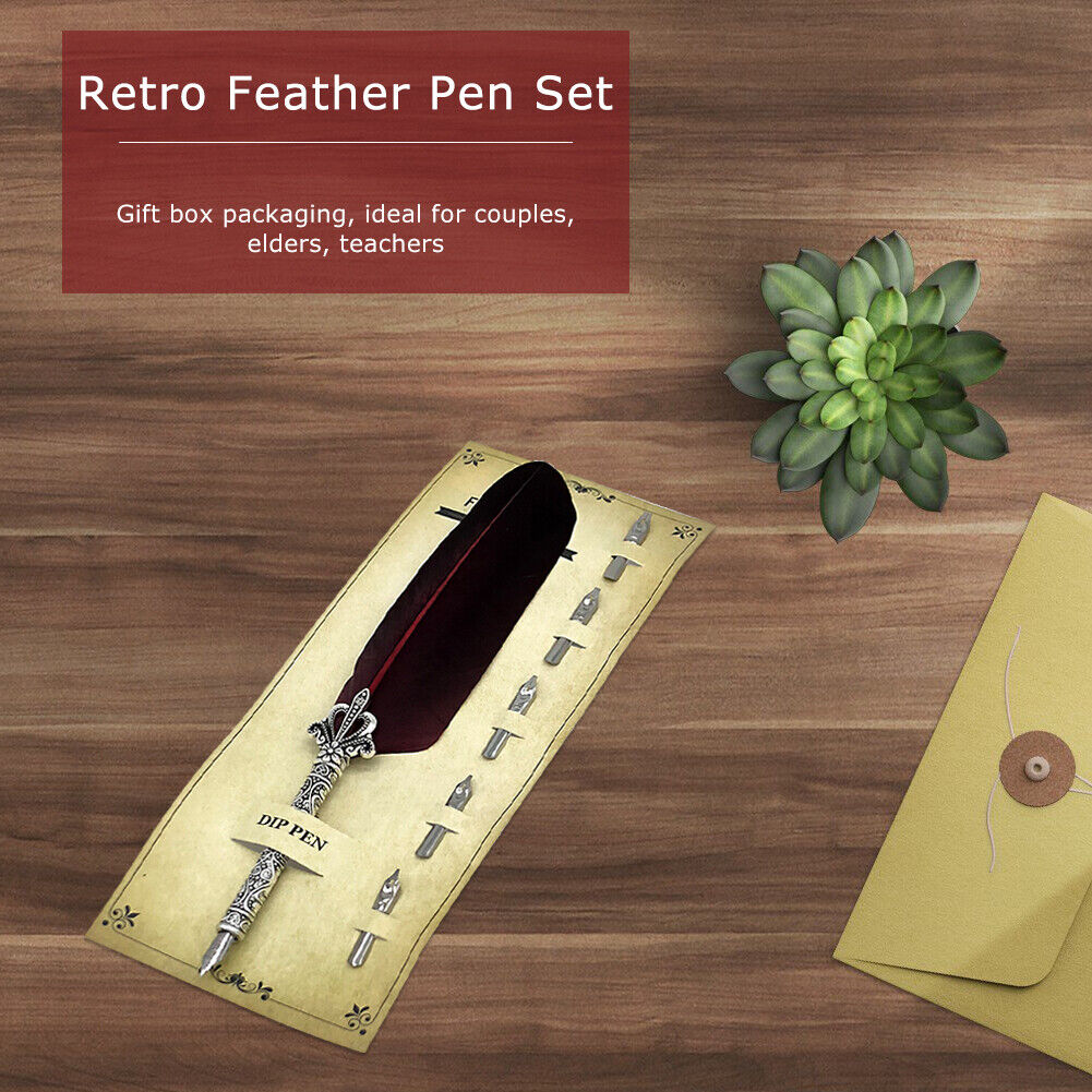 Calligraphy Feather Dip Pen+5 Nib Writing Quill Fountain Pen (Wine Red)