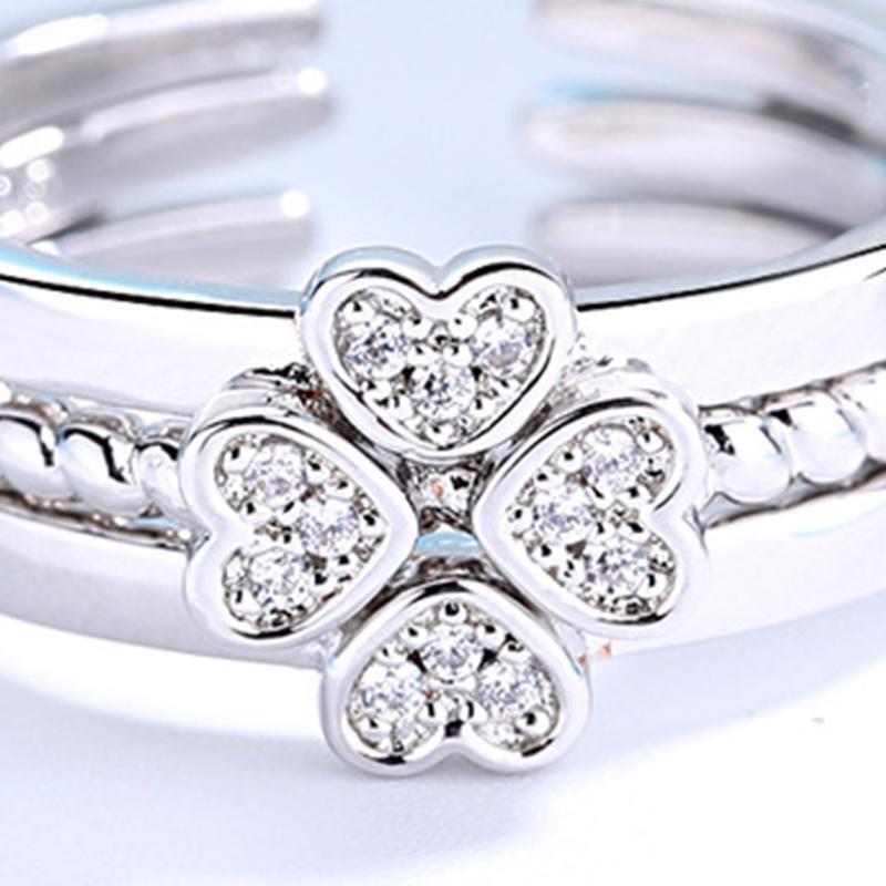 3 Pieces Women's Love Heart Four-leaf Lucky Clover Rhinestone 3 in 1 Ring Lucky