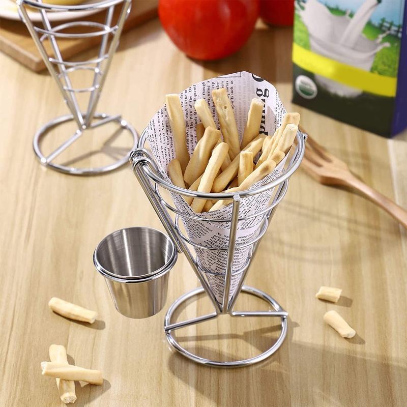 Stainless Steel Fry Holder With Sauce Dippers Metal Fried Chicken Display Rack