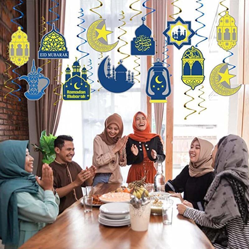 Eid Mubarak Hanging Swirl Pendants Set of 12 Moon Star House Spiral