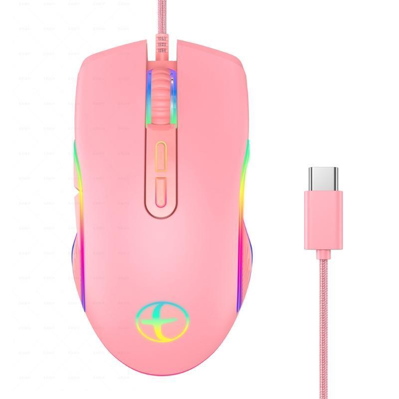 Optical Pink Wired Mouse Mice With Braided USB for Laptop Computer Gift w/Type-C