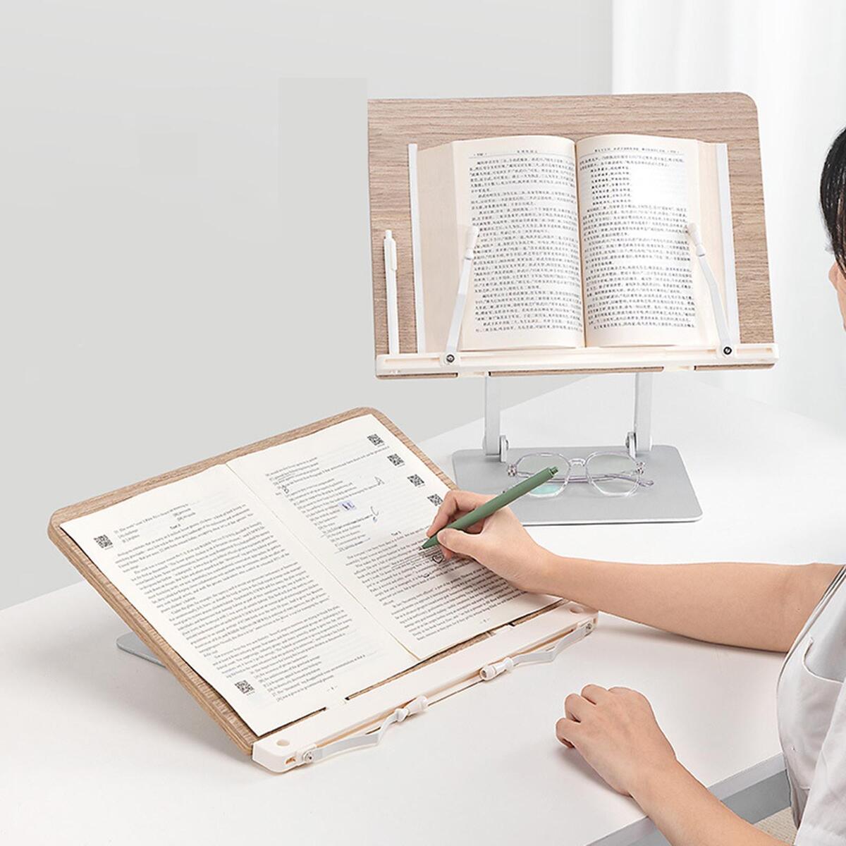 Bamboo Book Stand for Reading with Adjustable Aluminium Alloy Arm Base
