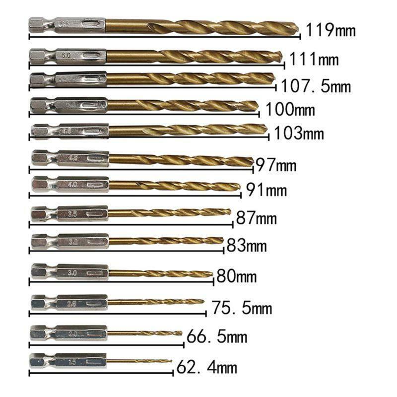 13PCS/SET 1.5-6.5MM HSS High Speed Steel Titanium Coated 1/4 Hex Shank Drilling