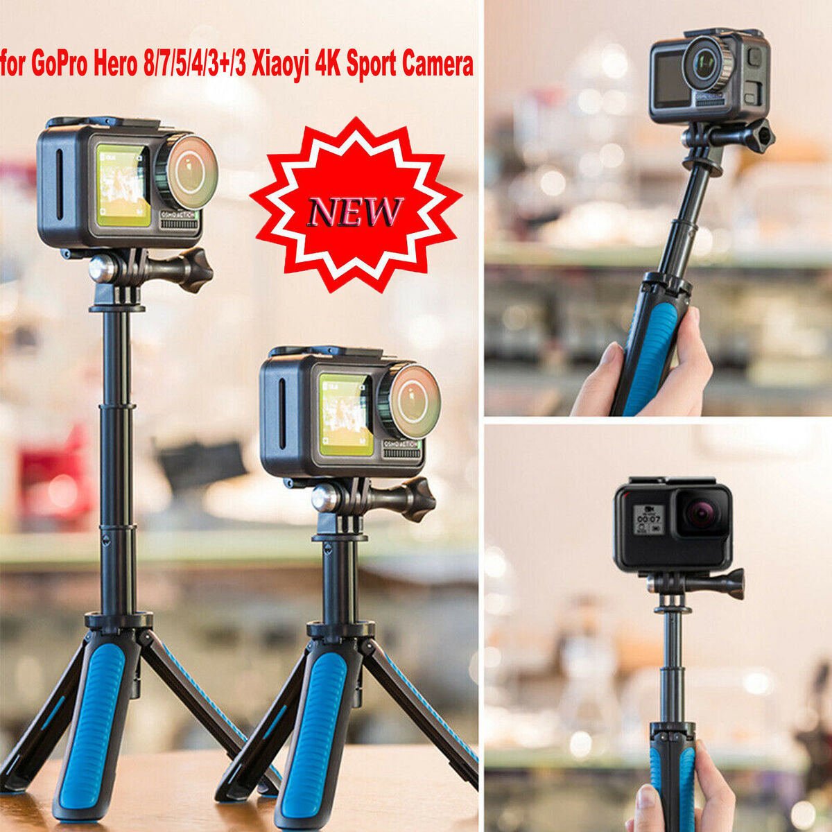 Mini Selfie Tripod Stick for GoPro Hero 8/7/5/4/3+/3 Xiaoyi 4K Camera Black+blue