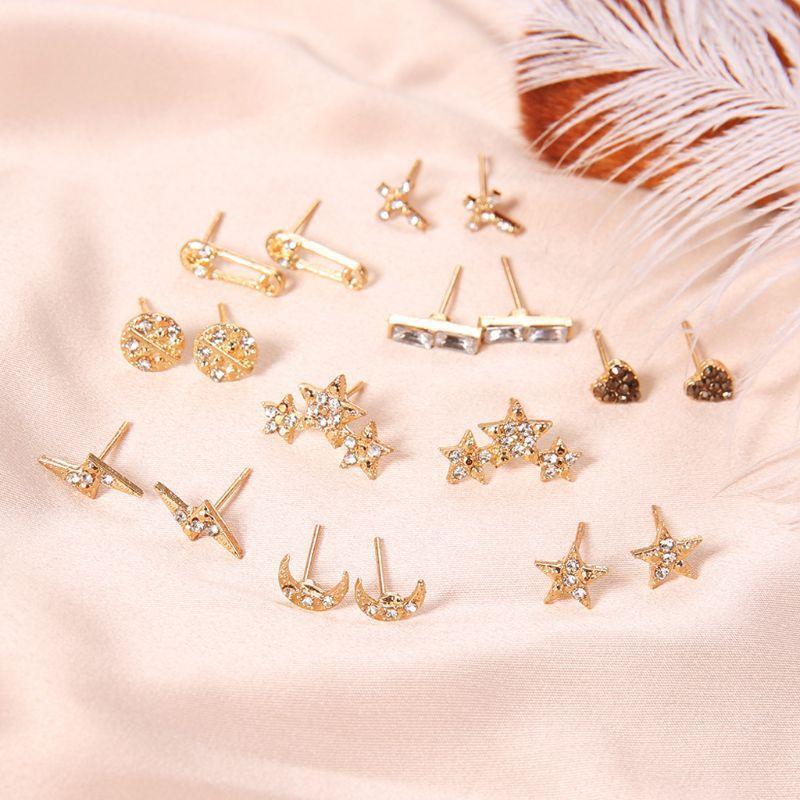 9Pcs Bohemian Cross Heart Stars Moon Squar Honeymoon Crystal Stud Earrings Kit