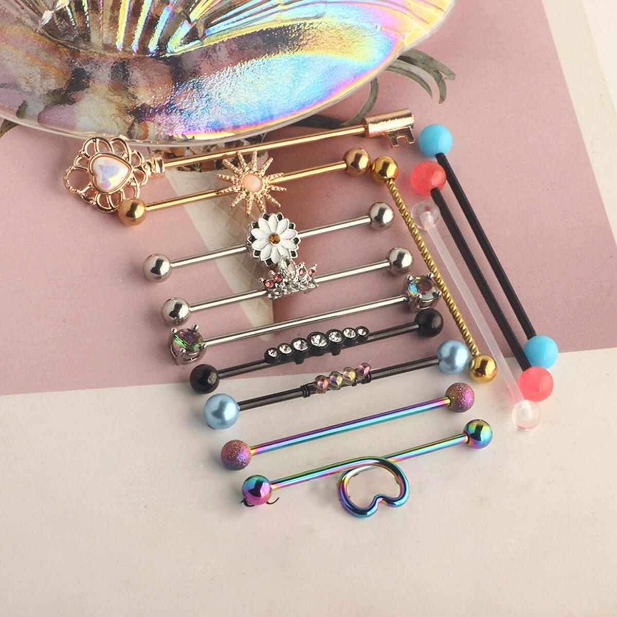 13Pcs 14 Gauge Industrial Barbell Earrings for Women Men Rhinestone 38mm 1&1/2