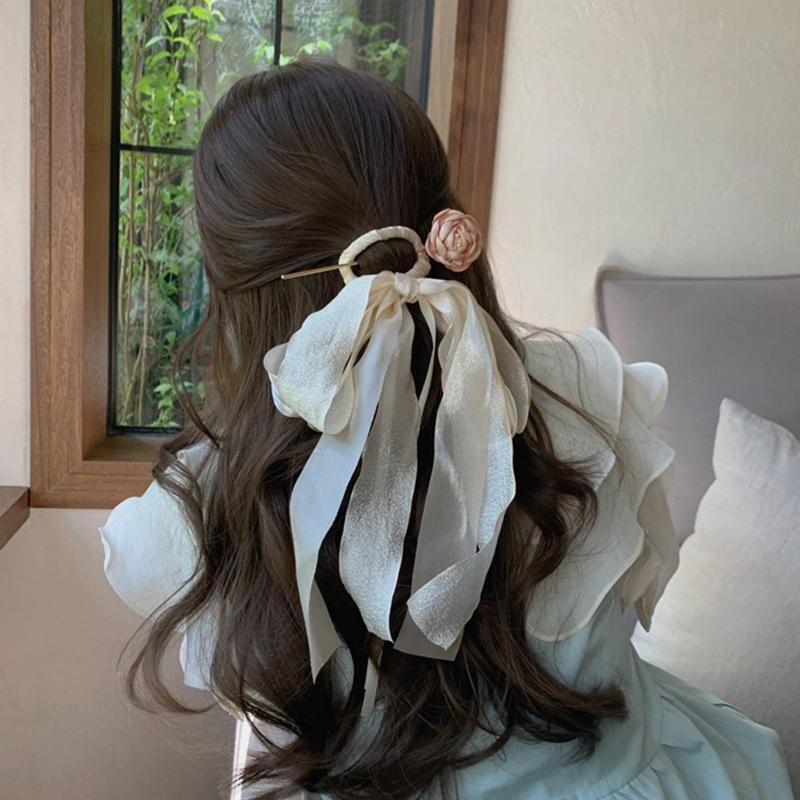Versatile Metal Hair Stick Flower Shape Ribbon Headdress Fashion Elegant Hairpin