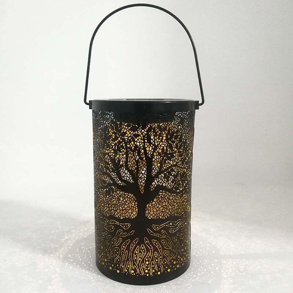 LED Solar Lantern Light Wrought Iron Hollow Tree Projection Lamp Yard Decor