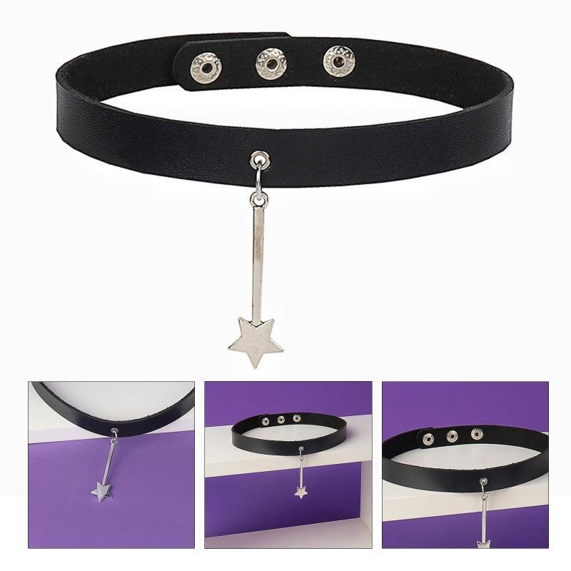 Adjustable Leather Choker Collar Soft Star Shaped Pendant Punk Choker Necklace