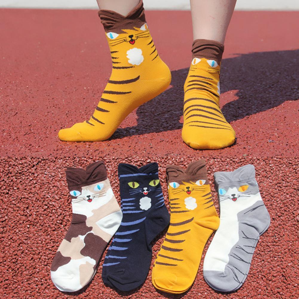 4 Pairs Cotton Ankle Socks Women Girl Autumn Winter Cartoon Cat Print Socks