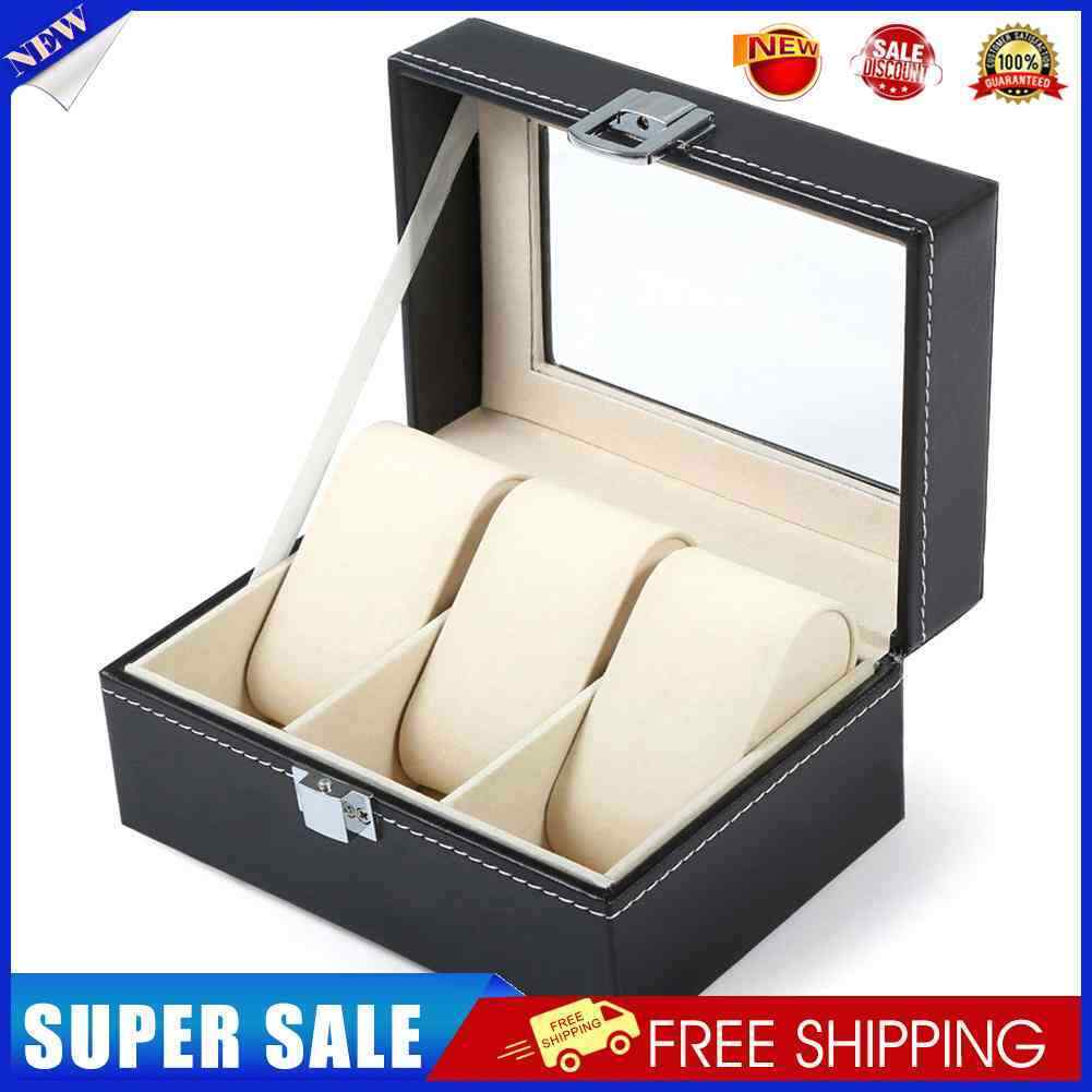 3 Slots Leather Watch Box Jewelry Bracelet Case Holder Necklace Organizer