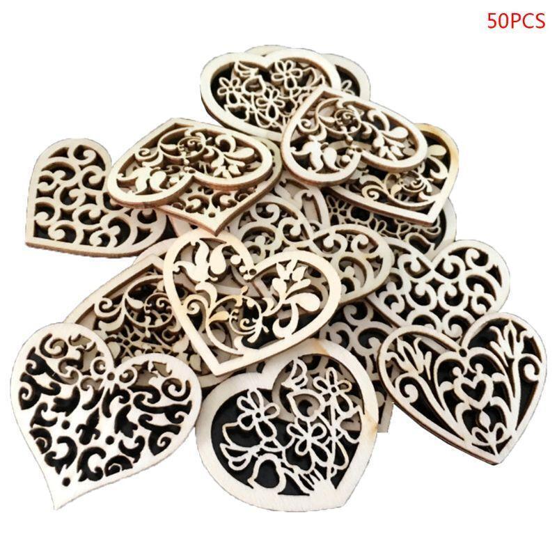 50pcs Carving Hollow Heart Flower Wooden Painting Scrapbooking Craft Handmade