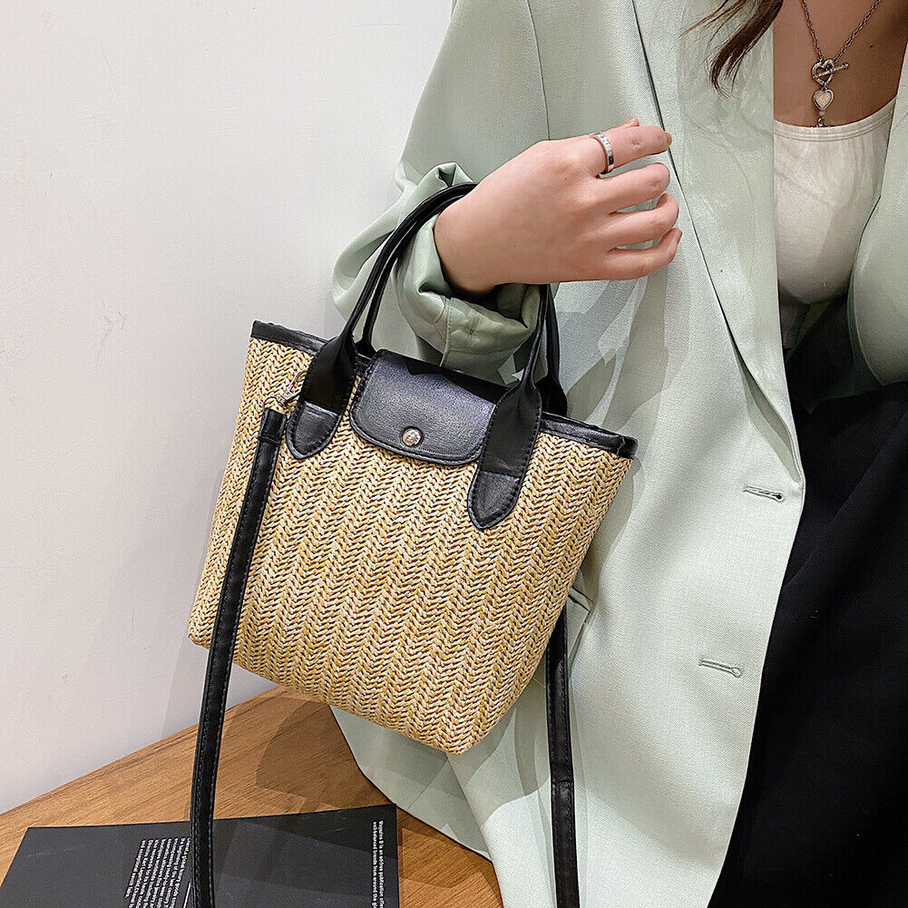 Straw Beach Bag Woven Shoulder Messenger Bag Women Handbag Totes (Black)