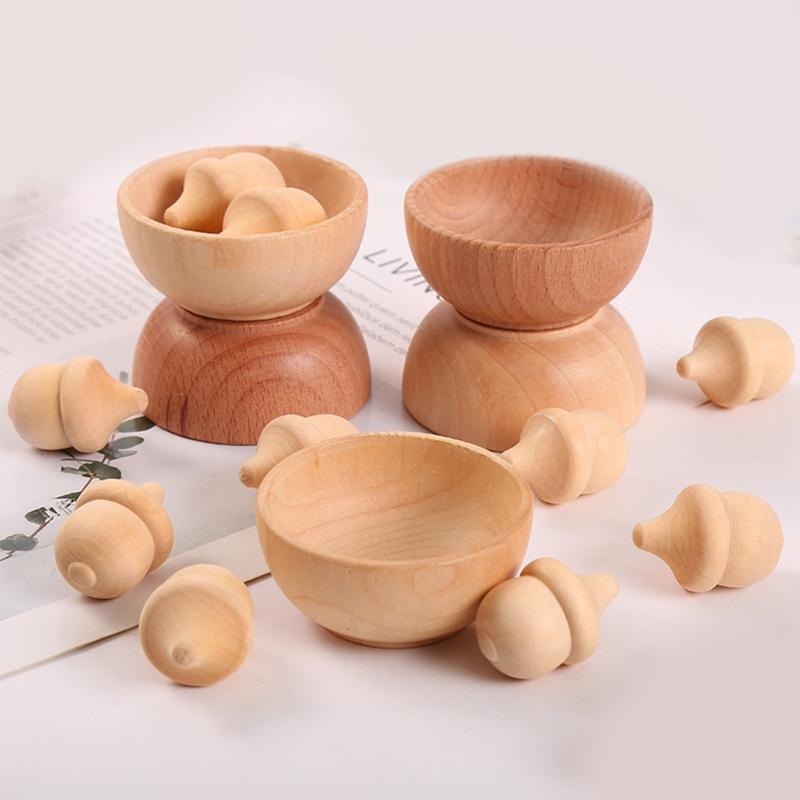 Wooden Acorns Counting & Sorting Kit - Unfinished Wood Set of 20 Acorns and 6 Bo