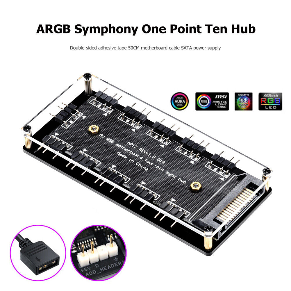 10 Ports RGB Fan HUB PC Desktop SATA Power 5V 3PIN ARGB Extension Splitter