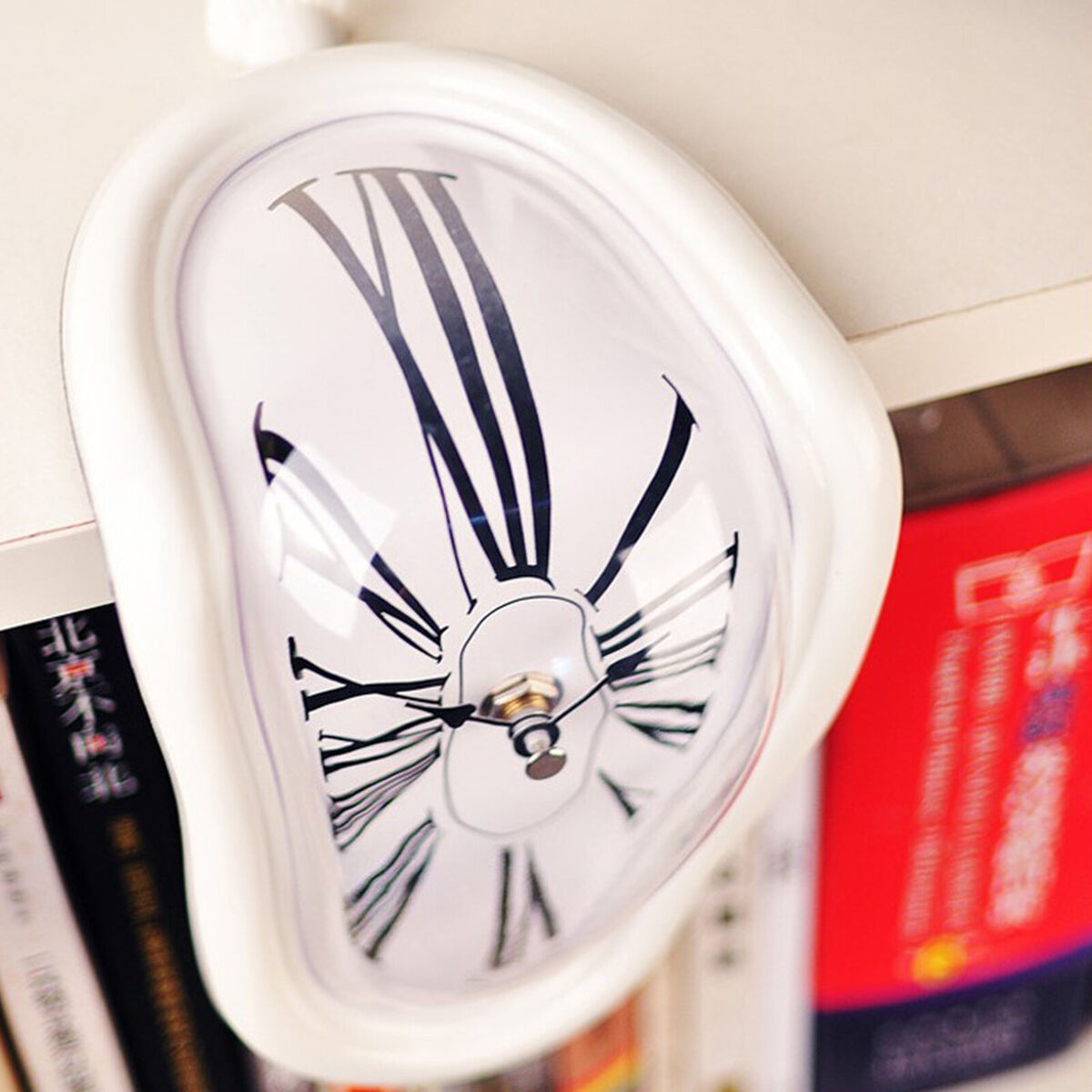 Melting Clock Modern Surrealistic Shelf Decor Distorted Clock (White)