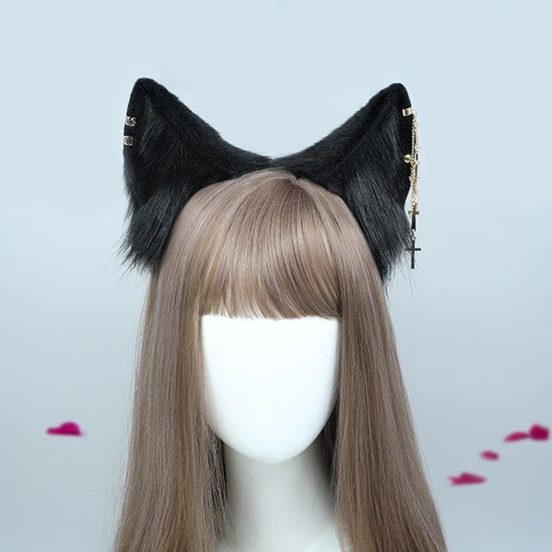 Fashion Cat Ears Hairhoop with Earrings Hanging Chain Girl Anime Hair Accessory