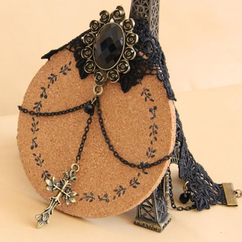 Gril Gothic Punk Metal Crucifix Choker Collar Necklace Lolita Lace Choker Collar