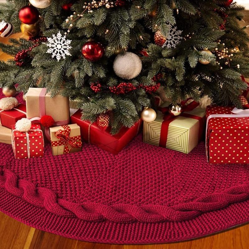 Christmas Tree Skirt Burgundy Red Thick Knitted Mat Xmas Tree Base Cover 48 Inch