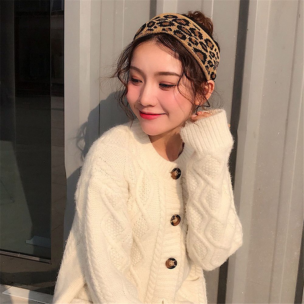Winter Warm Crochet Head wrap Knitted Headband Bowknot Turban Leopard Headwear