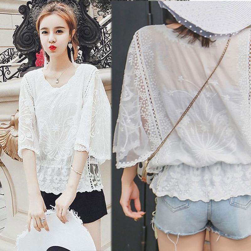 Women Embroidery Floral Lace Shirt Batwing Sleeve Ruffle Loose Chiffon Blouse
