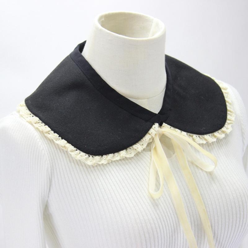 Women Faux Wool False Collar Shawl Sweet Ruffled Lace Trim Bow Scarf Neck Warmer