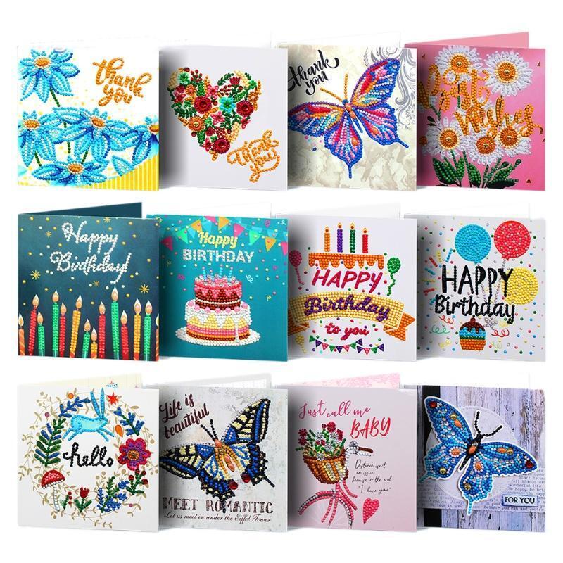 12 Pcs/Set DIY Diamond Painted Birthday Cards Holiday Thank You Greeting Cards