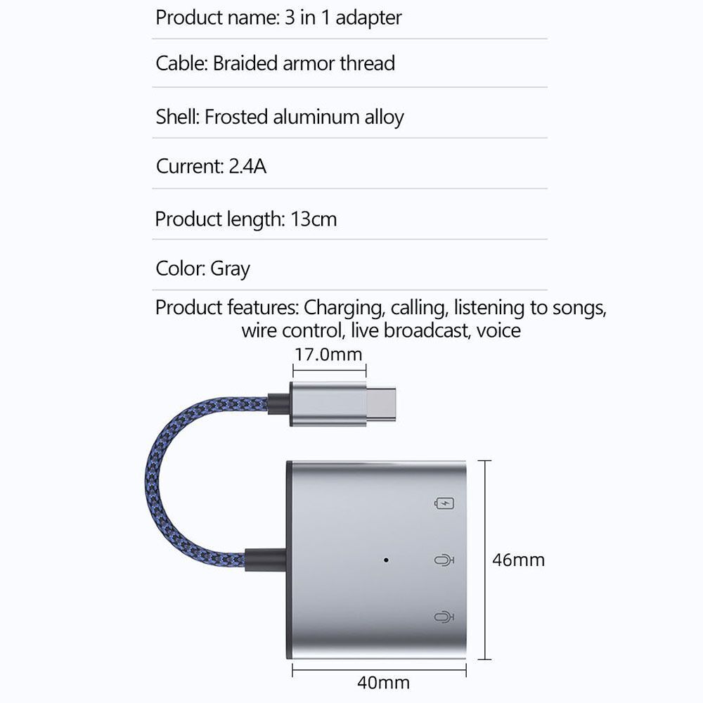 Fast Charging USB C to 3.5mm Converter Cable Type-C Audio Adapter Earphone Jack