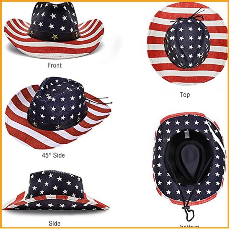 American Flag Western Cowgirl Hat with Windproof Rope Cowboy Hat for Parties