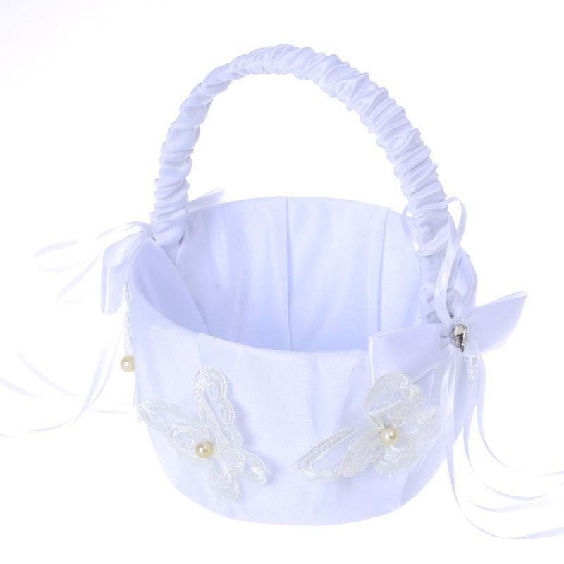 Wedding Flower Girl Baskets with Handle White Small Satin Flower Basket with Bow