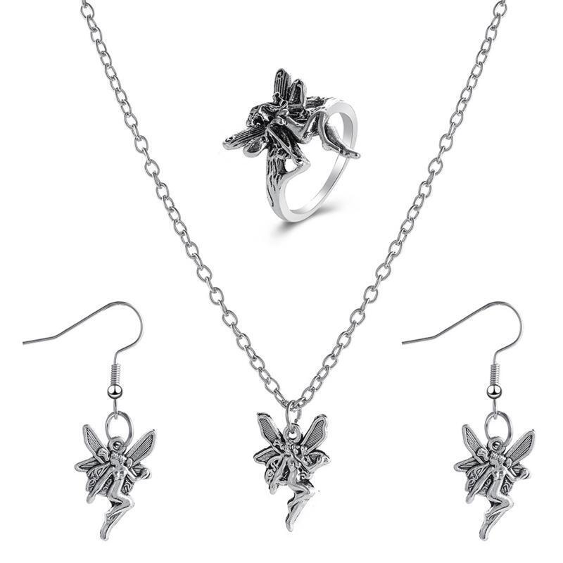 Punk Gothic Statement Angel Fairy Wings Pendant Necklace Earrings Ring Women