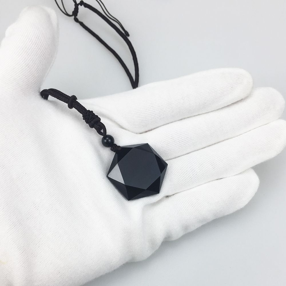 Men Blessing Jewelry Lucky Obsidian Pendant Necklace Amulet Hexagram Shape