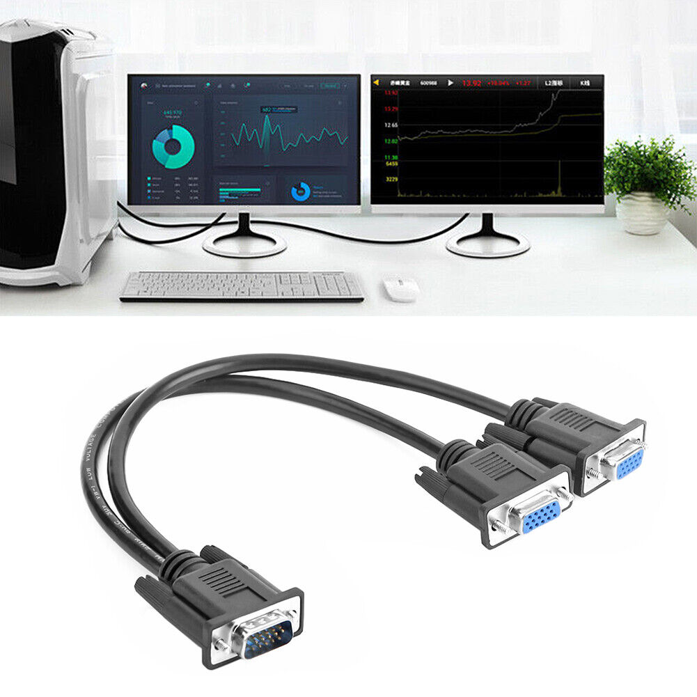 15 Pin VGA Male to 2 Female Y Splitter Cable Monitor Adapter for PC TV
