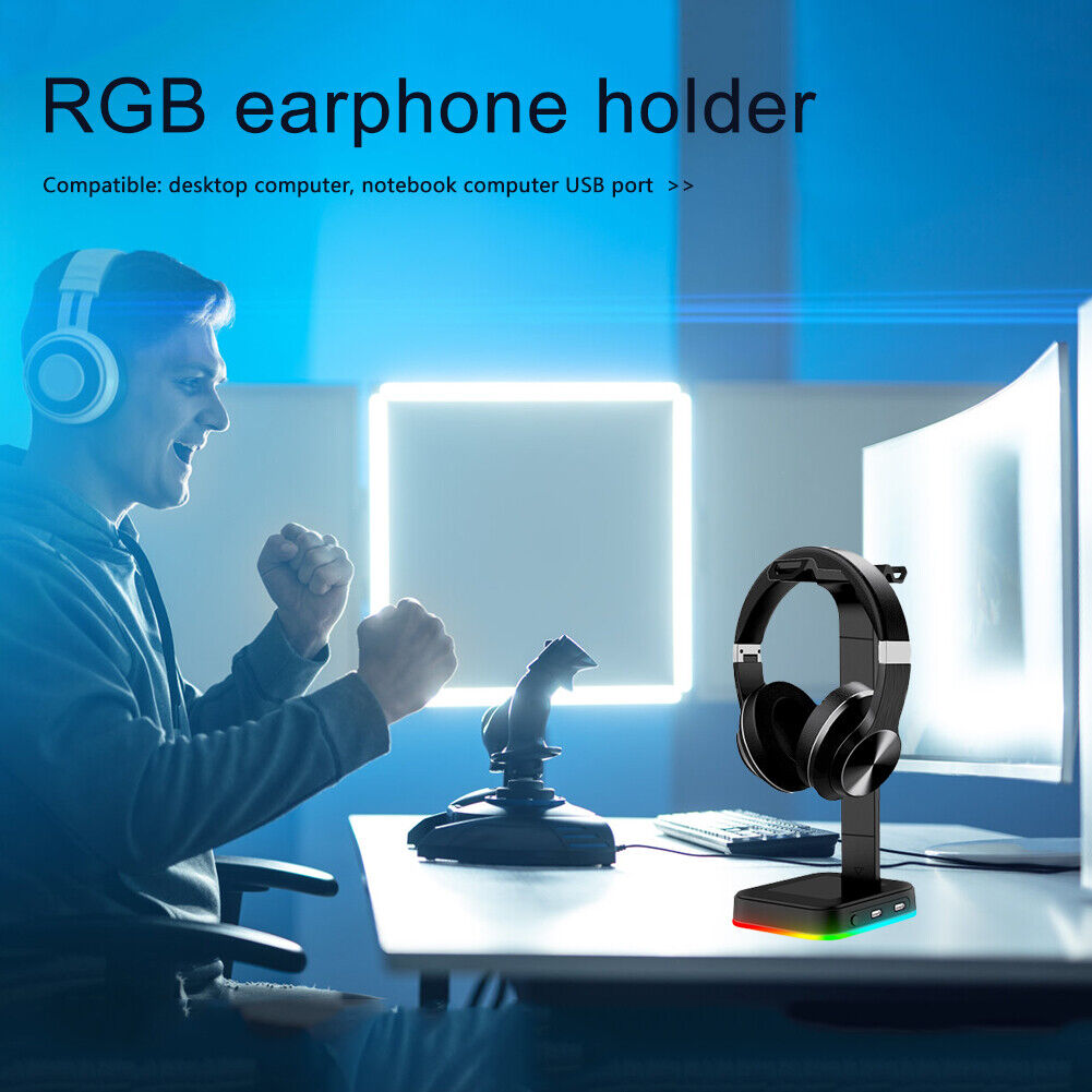 RGB Headphones Display Stand w/ 2 USB Charging Ports Gamer Earphone Holder
