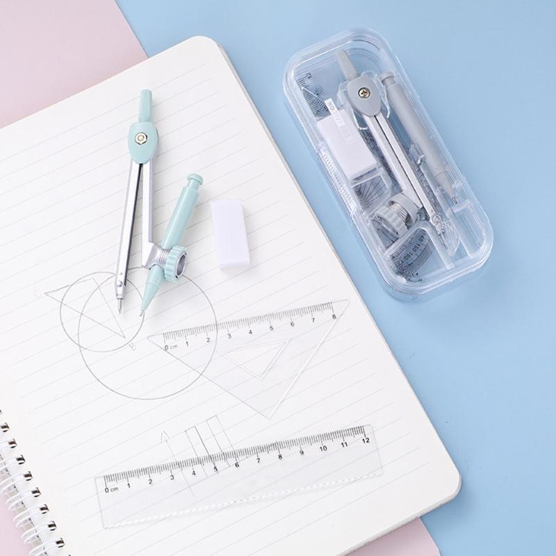 Portable Compass Kit with Protractor Triangles Ruler Mechanical Pencil Eraser