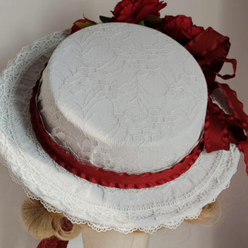Sweet Lolita Lace-up Flat Top Hat Japanese Girl Flower Tophat for Wedding Church
