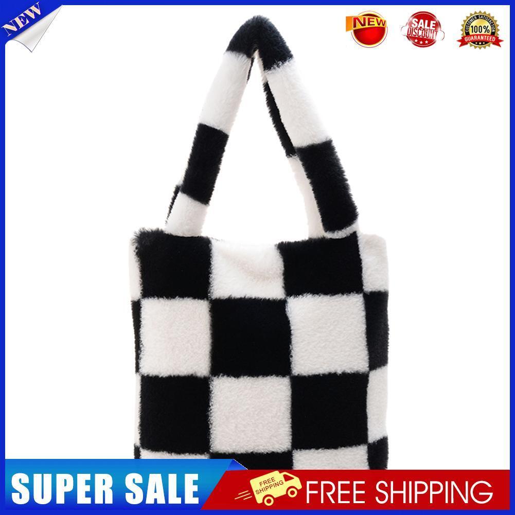 Fashion Checkered Print Shoulder Bag Autumn Winter Plush Hit Color Handbag