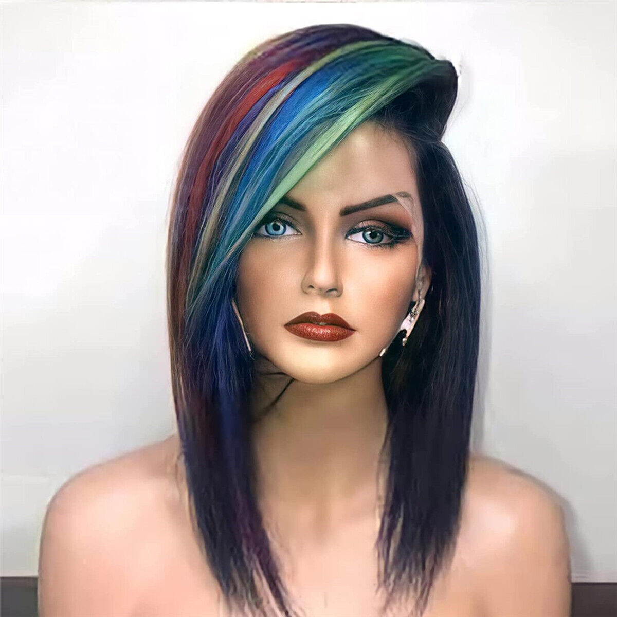 Women Girl Rainbow Colorful Multicolor Fancy Costume Party Short Bob Hair Wigs
