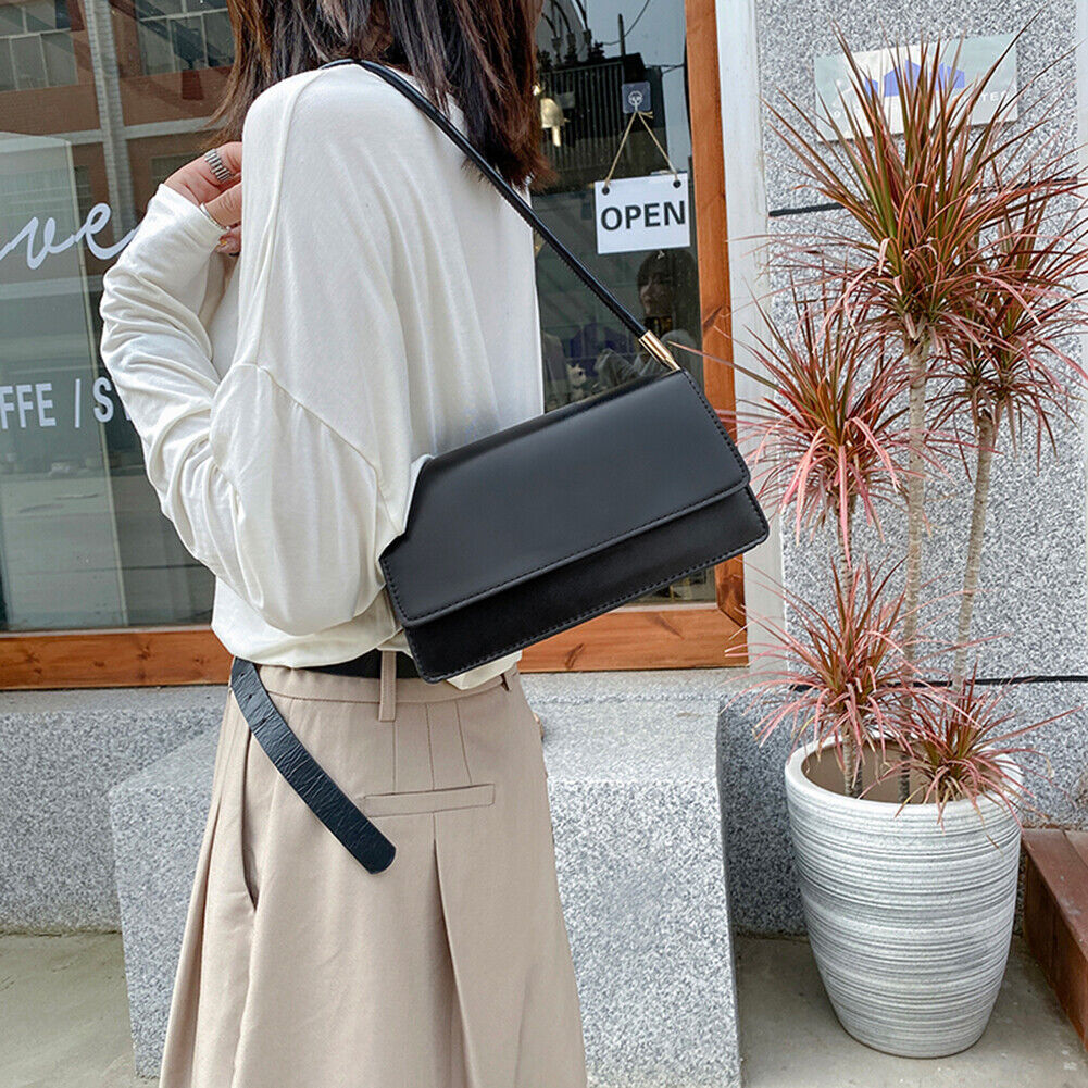 Simple Solid Color Women Handbag Tote PU Female Flap Shoulder Bag (Black)
