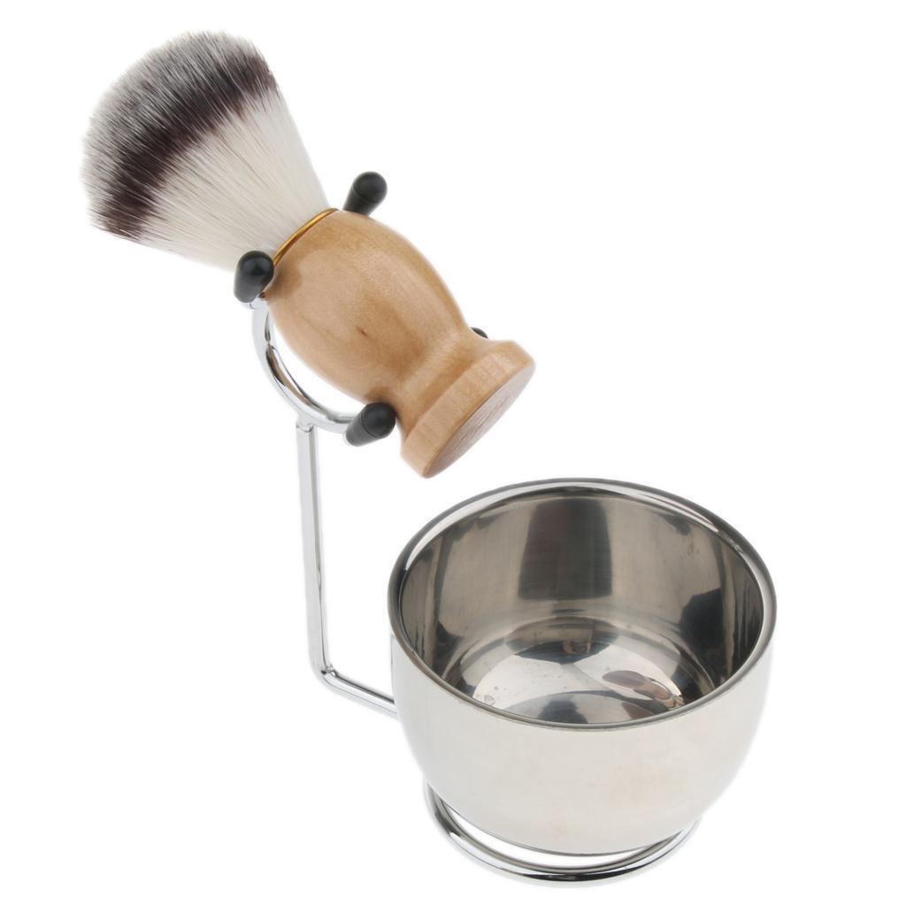 Men's Beard Shaving Brush + Stainless Holder Stand +   Mug Bowl Set