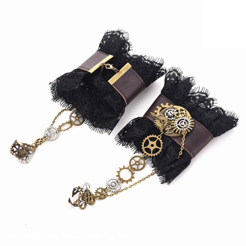 Gothic Steampunk Lace Cuff with Ring Gear Bracelet Victorian Wrist Cuff Party
