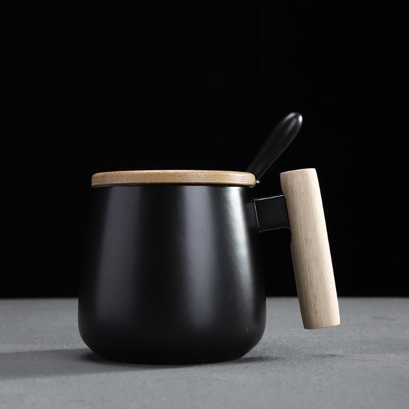 Wooden Handle Ceramic Mug Home Office Tea Milk Coffee Cup with Lid Spoon Teacup
