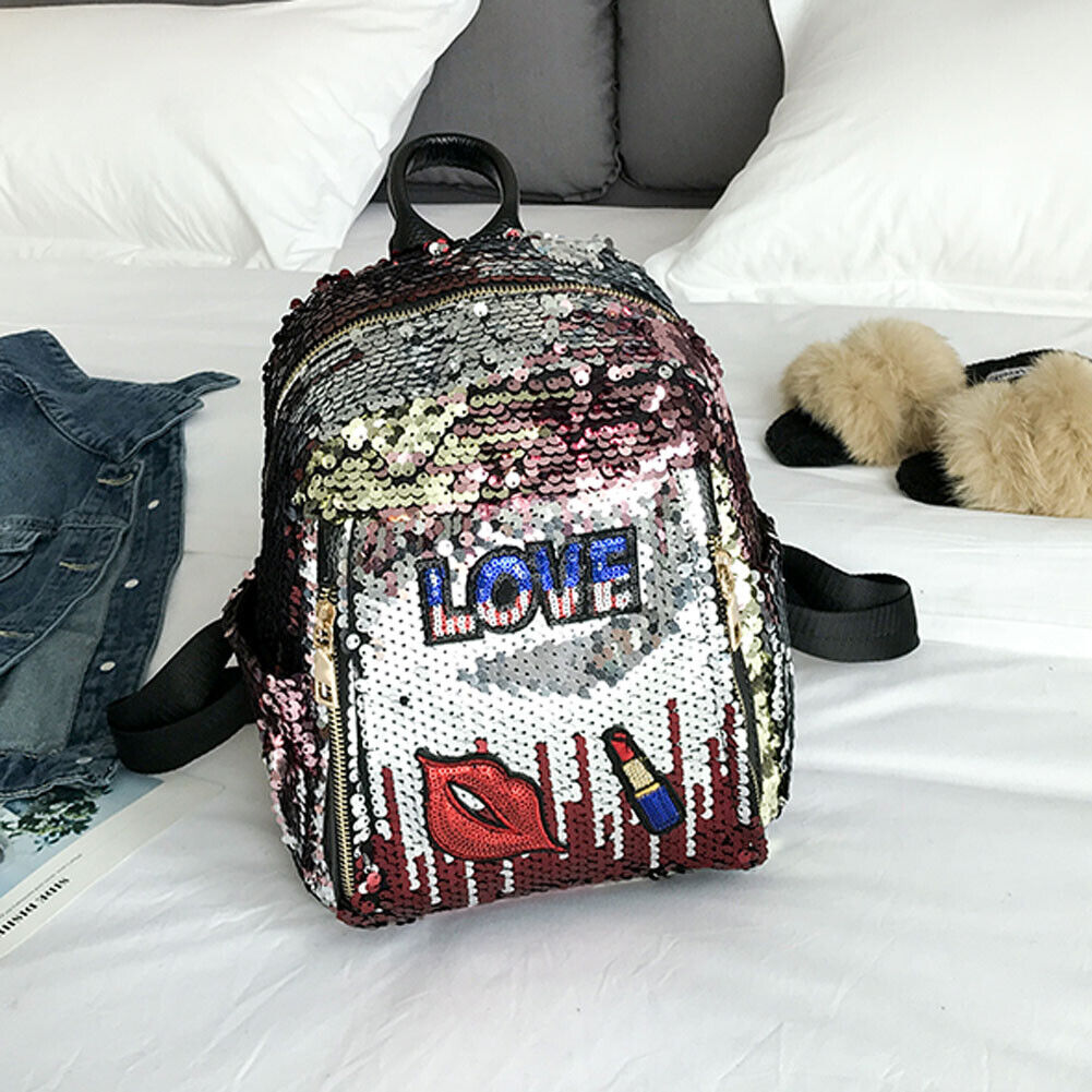 Sequins Backpack Women Girls Casual Preppy Style Lips Shoulder Bag(Red)-192