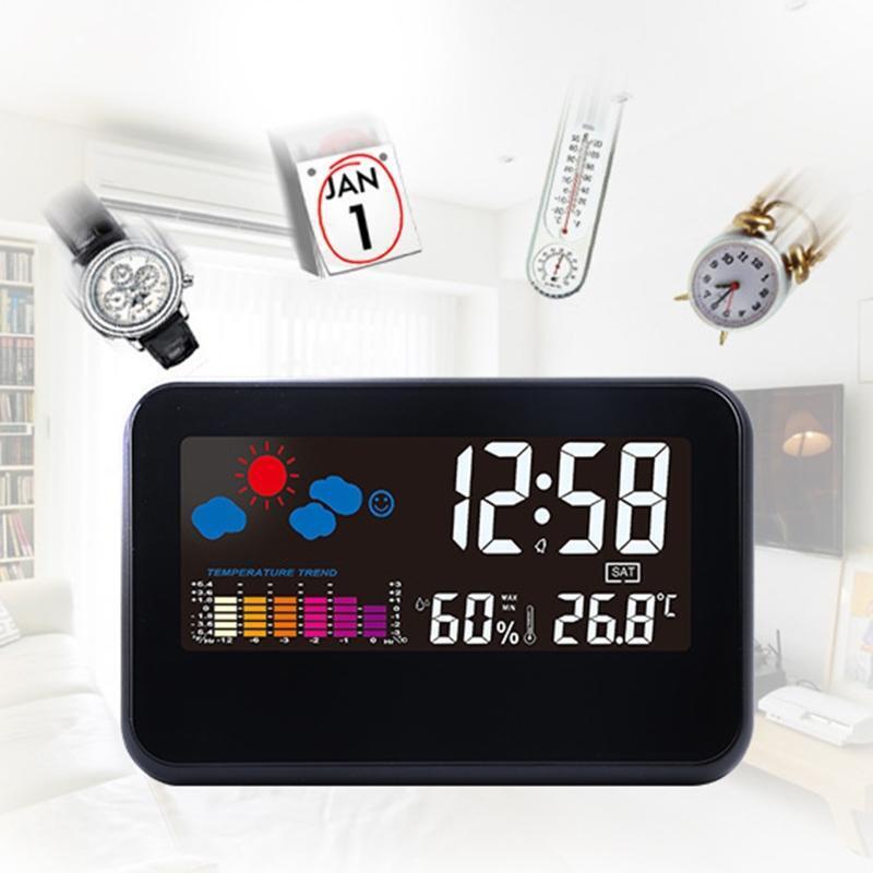 Desktop Weather Clock Alarm Colorful LCD Screen Sound Control Backlight Digital