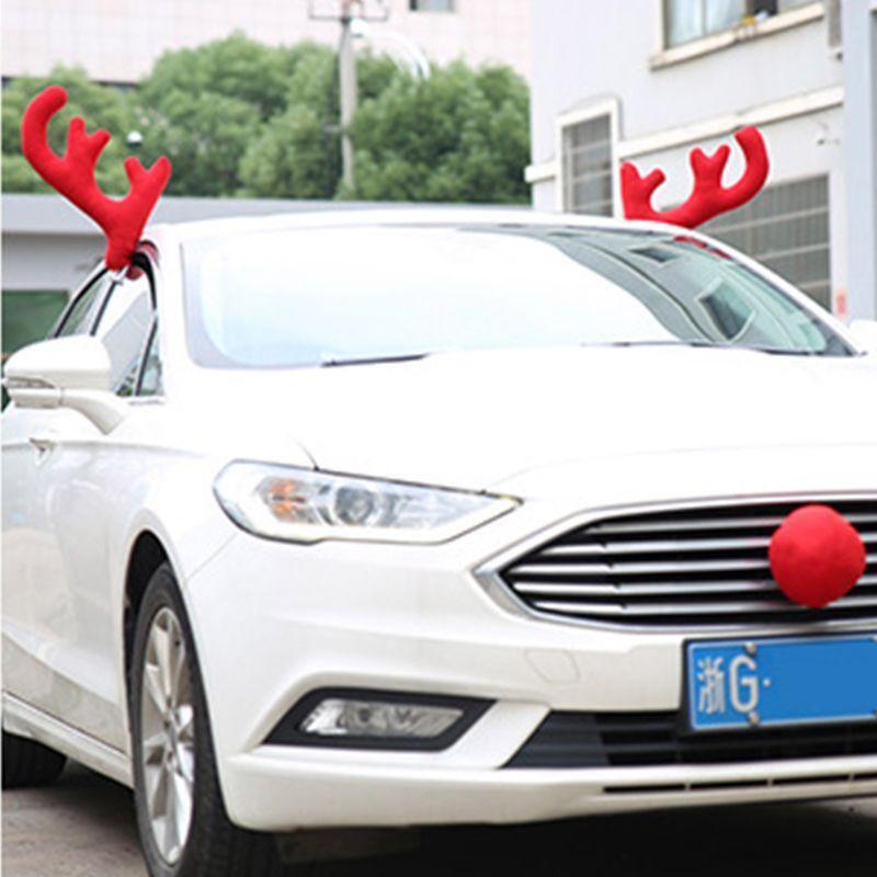 Cute Rudolph Car Costume Christmas Reindeer Antlers Red Nose for Truck SUV Decor