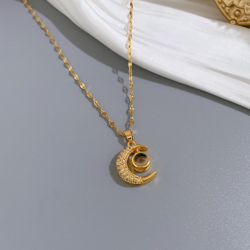 Crystal Zircon Moon 100 Languages I Love You Necklace Stainless Steel Clavicle