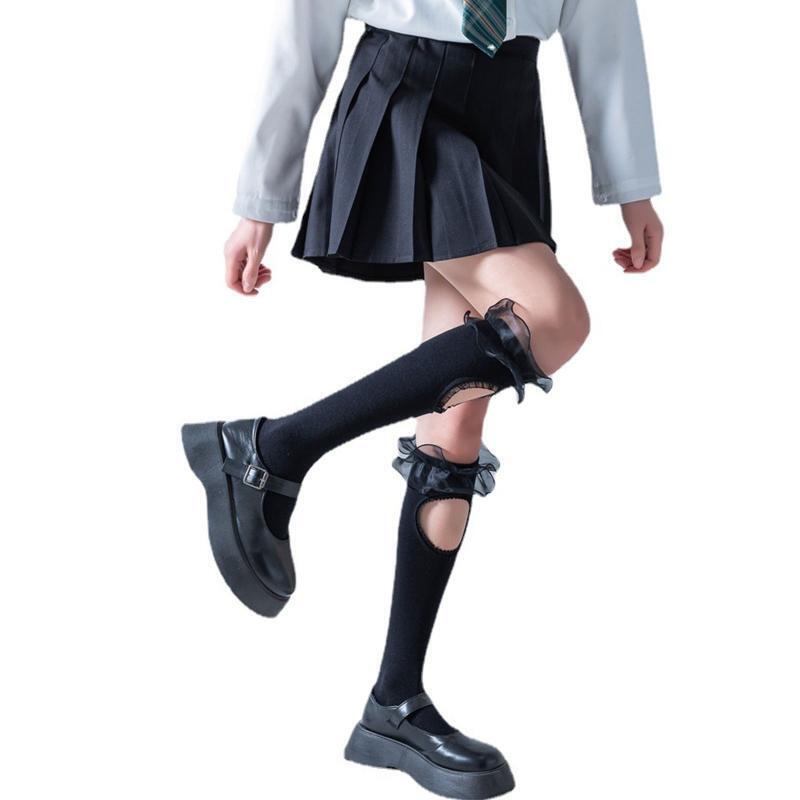 Women Cotton Black Knee High Socks Gothic Lolita Ruffled Trim Hollow Stockings