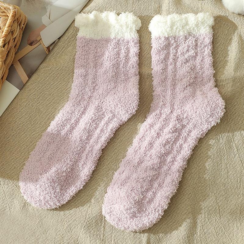 5 Pairs Coral Velvet Fuzzy Slipper Socks Solid Color Twist Braided Sleep Hosiery