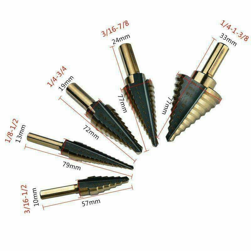 5x Step Drill Bit HSS Spiral Grooved Cutting Drill for Woowork with Case