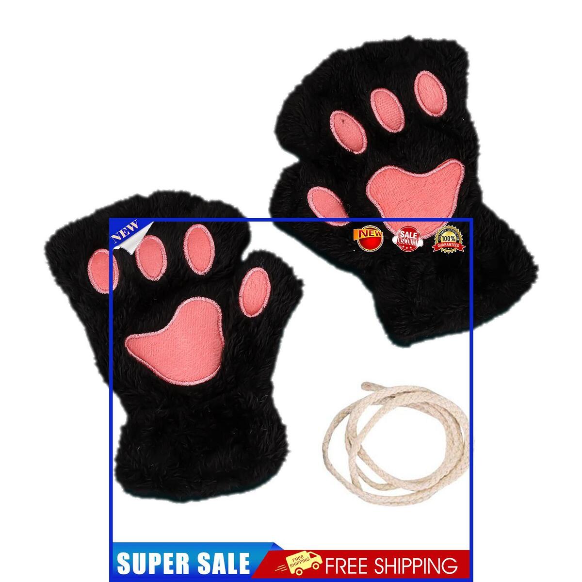 Cat Paw Gloves Durable Plush Cat Paw Fingerless Faux Fur Gloves (Black)